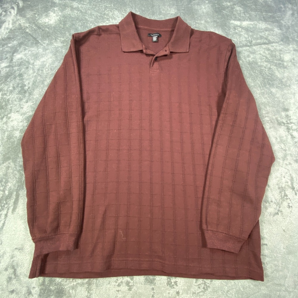 Van Heusen Polo Shirt Mens XL Long Sleeve Maroon Burgundy Textured Geometric Box - Picture 2 of 8